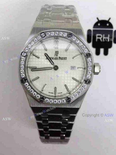 Copy Swiss Audemars Piguet Royal Oak Diamond Bezel Watch SS White Dial